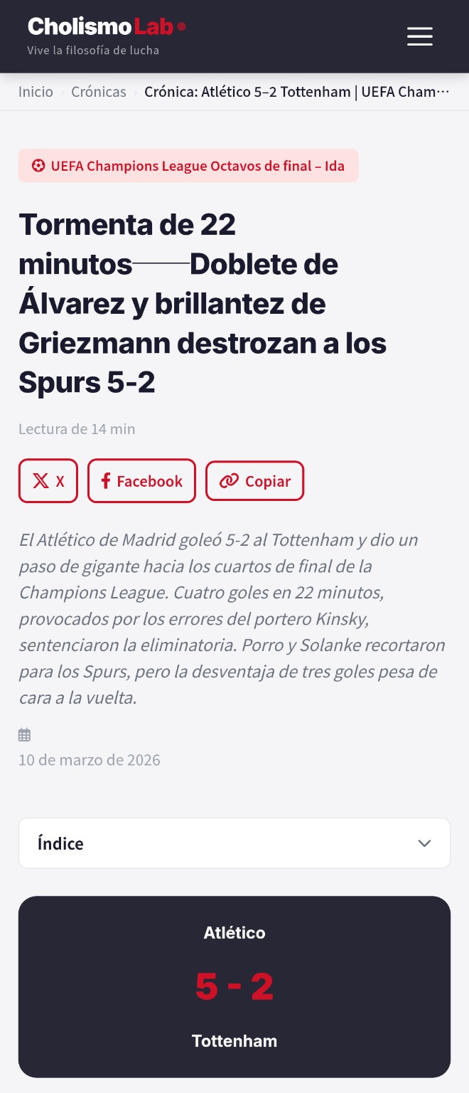 Pantalla de un artículo de crónica