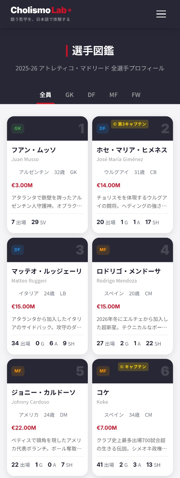 選手図鑑の一覧画面