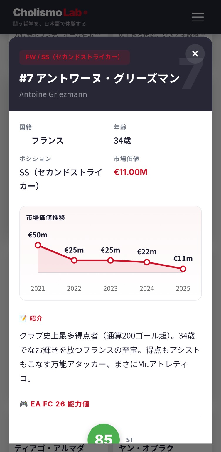 選手図鑑の詳細モーダル画面