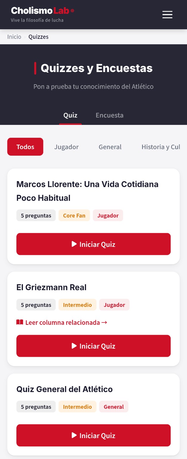 Página de quizzes con tarjetas