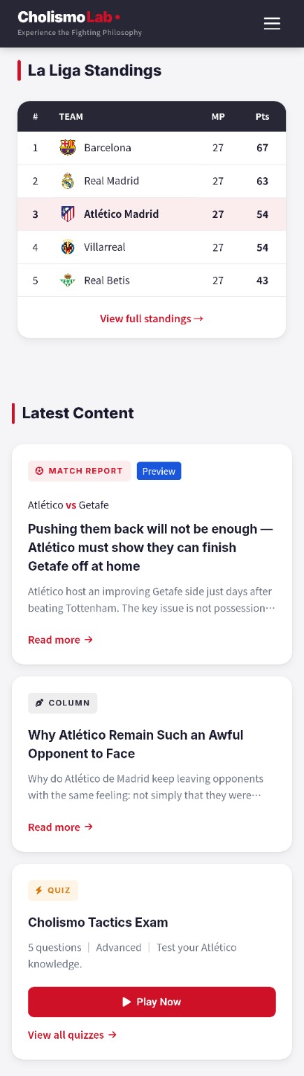 Lower part of the homepage with standings and latest content